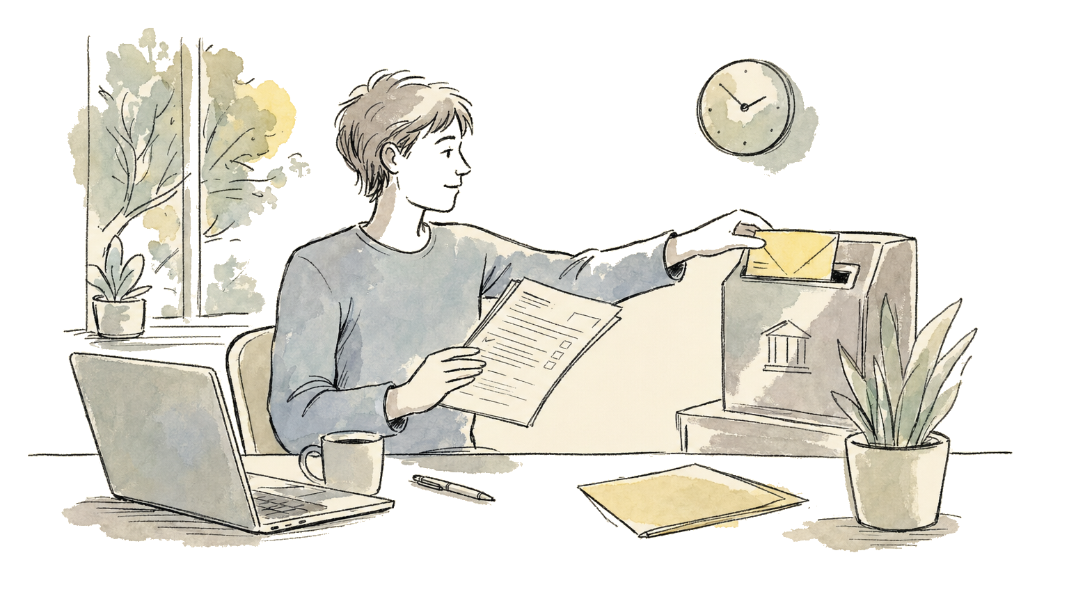 Hand-drawn illustration of a tenant submitting a Rents 1 application